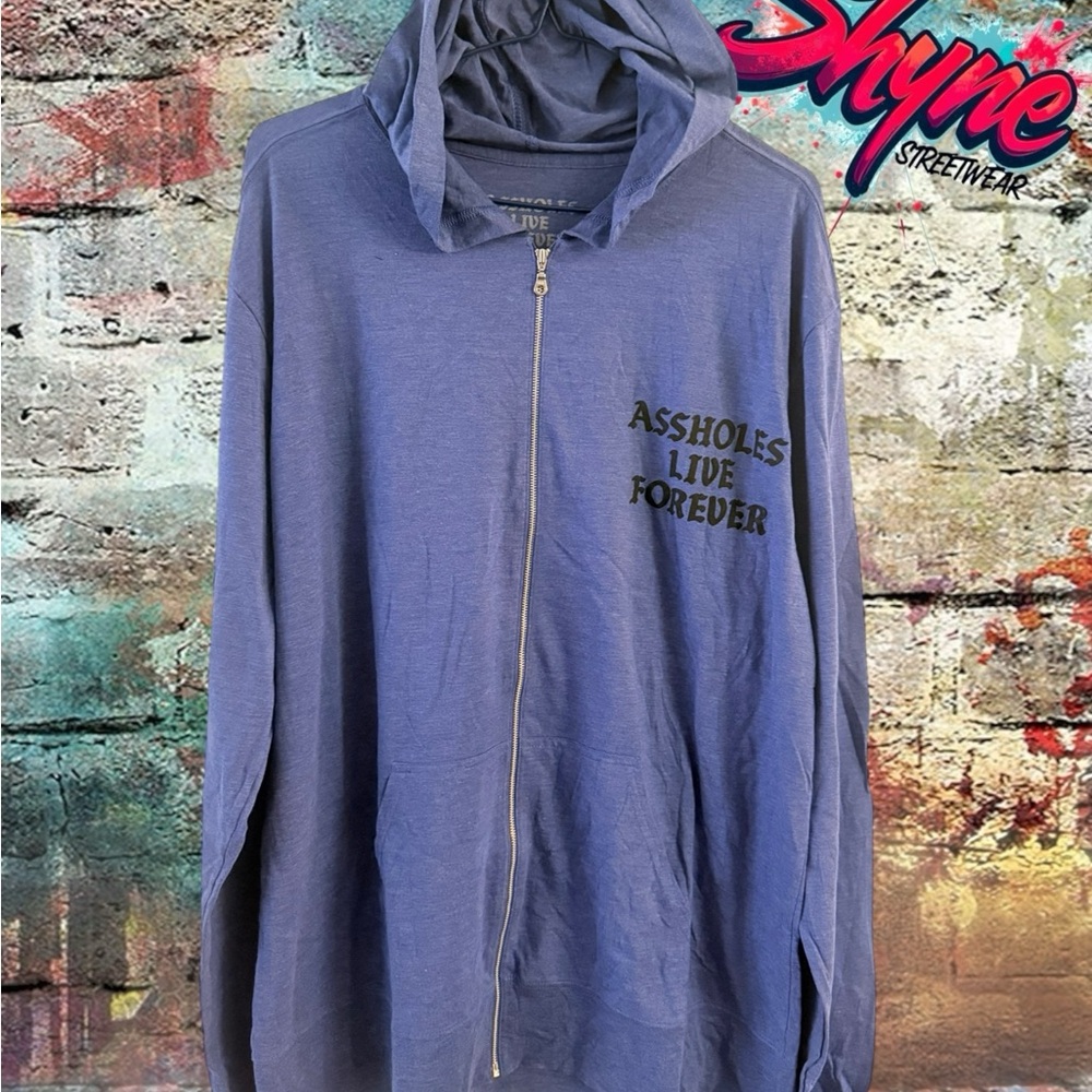 Blue Zip-Up Hoodie with Graphic Text